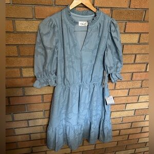 NWT Eliza J Jacquard Mini Dress Ruffle Puff Sleeve Light Blue Women’s Size 12